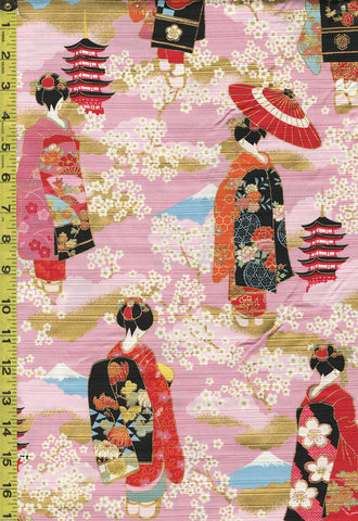 *Japanese - Cosmo Maiko Geisha, Cherry Blossoms & Pagoda - Shantung Dobby Weave - AP32703-2B - Pink