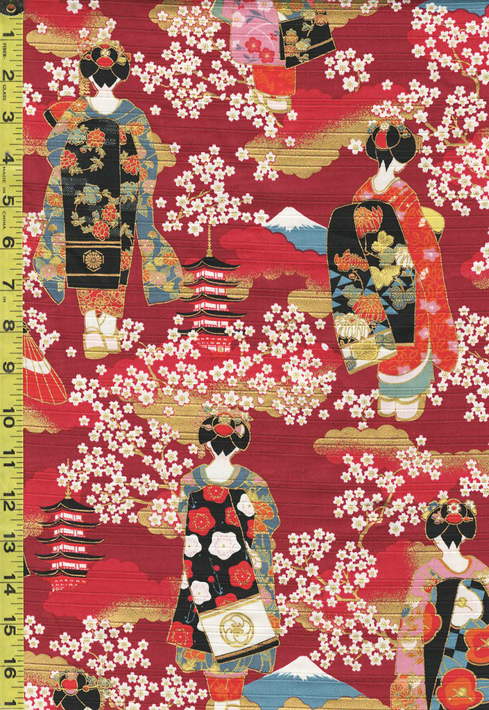 *Japanese - Cosmo Maiko Geisha, Cherry Blossoms & Pagoda - Shantung Dobby Weave - AP32703-2C - Red