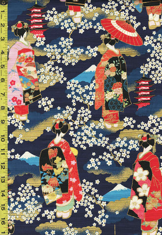 *Japanese - Cosmo Maiko Geisha, Cherry Blossoms & Pagoda - Shantung Dobby Weave - AP32703-2D - Navy