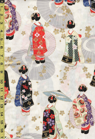 *Japanese - Cosmo Geisha, Umbrellas & Floating Blossoms - AP35412-A - Ivory