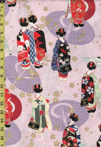 *Japanese - Cosmo Geisha, Umbrellas & Floating Blossoms - AP35412-B - Soft Pink