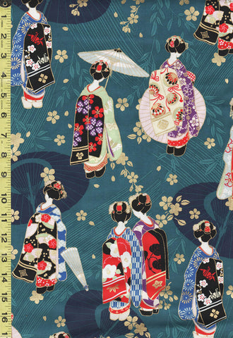*Japanese - Cosmo Geisha, Umbrellas & Floating Blossoms - AP35412-C - Teal