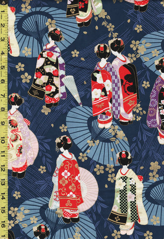 *Japanese - Cosmo Geisha, Umbrellas & Floating Blossoms - AP35412-D - Navy
