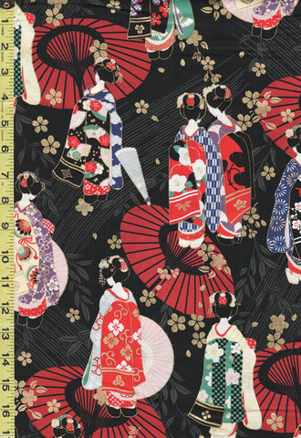 *Japanese - Cosmo Geisha, Umbrellas & Floating Blossoms - AP35412-E - Black