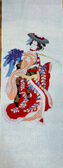 Tenugui - Japanese Scarf, Head Wrap or Craft Fabric - Geisha in Red Kimono with Wisteria