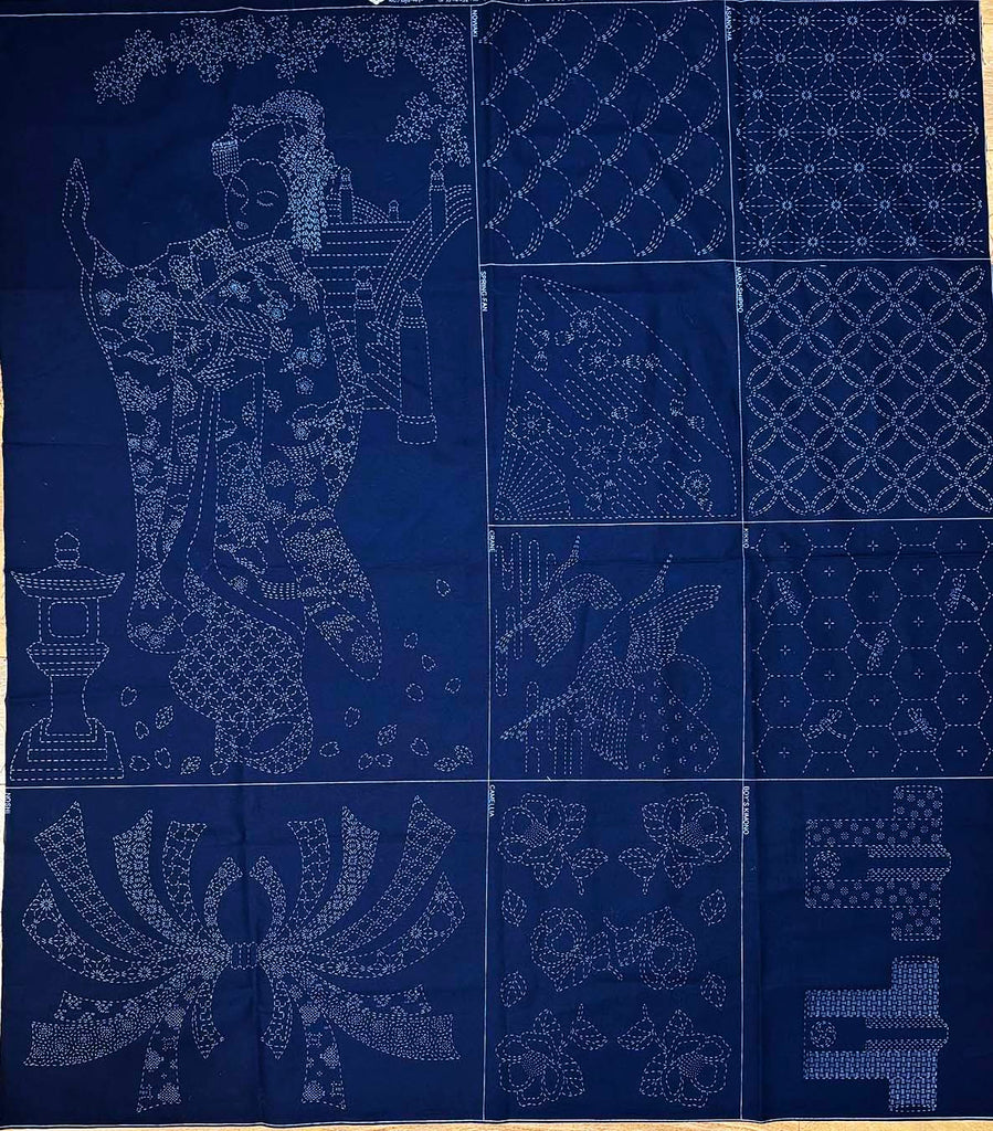 Sashiko Pre-printed Panel - Wagara Multi-Block Geisha Panel - Dark Navy-Indigo - Last One