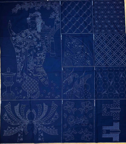 Sashiko Pre-printed Panel - Wagara Multi-Block Geisha Panel - Dark Navy-Indigo - Last One