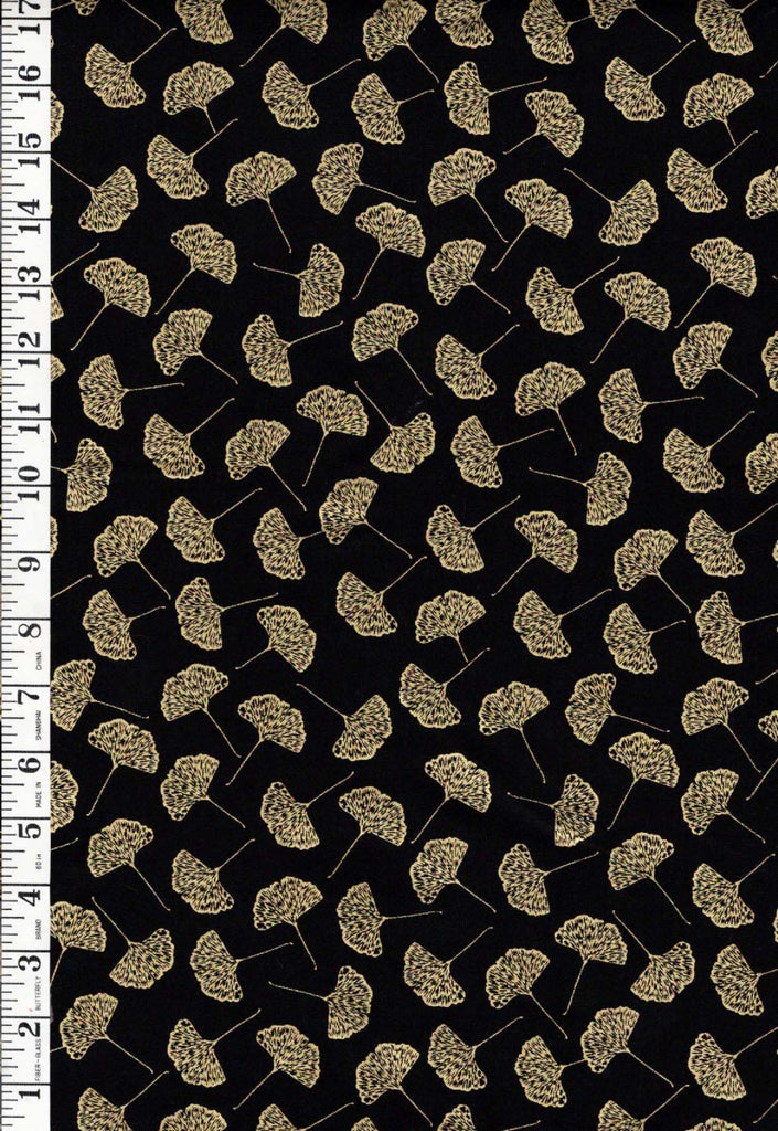 Asian -   Floating Gold Metallic Ginkgo - Black - Last 1/2 yard