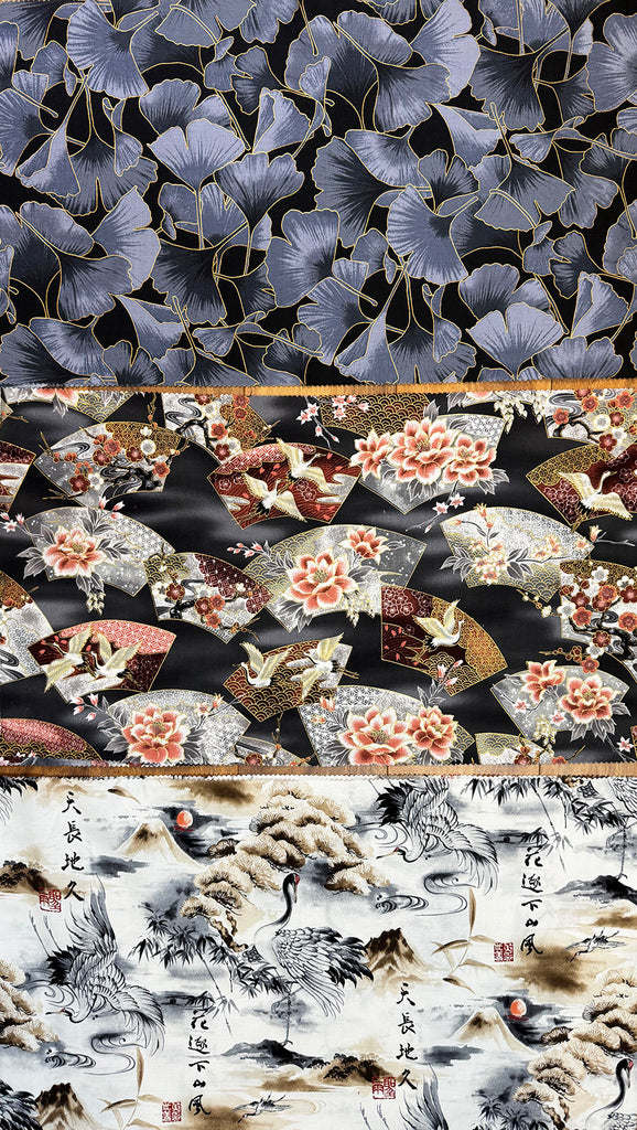 Kona Bay - Ginkgo, Floral Fans & Cranes - 3 pieces - 1/3 yard each (12" x 44") - Gray, Copper & Brown