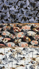 Kona Bay - Ginkgo, Floral Fans & Cranes - 3 pieces - 1/3 yard each (12" x 44") - Gray, Copper & Brown