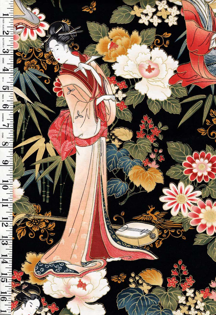 Asian - Gion Geisha & Floral Garden - 23152 - Black - 1 1/4 yards (Piece 2)