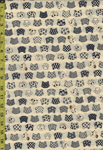 *Japanese Novelty - Hishiei Small Sleeping Cats, Cats with Coins & Cat Faces with Motifs H-6856-3A - Ecru   - Last 1 3/4 Yards