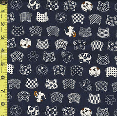 *Japanese Novelty - Hishiei Small Sleeping Cats, Cats with Coins & Cat Faces with Motifs - H-6856-3B - Navy