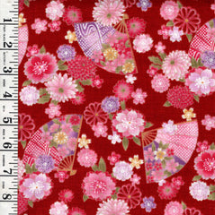 *Japanese - Hishiei  - Colorful Floating Flowers & Floral Fans - Dobby Weave - H-7121-6B - Red - By the Half Yard