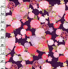*Japanese - Hishiei  - Colorful Floating Flowers & Floral Fans - Dobby Weave - H-7121-6C - Purple - By the Half Yard