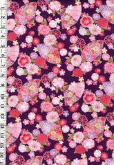 *Japanese - Hishiei  - Colorful Floating Flowers & Floral Fans - Dobby Weave - H-7121-6C - Purple - By the Half Yard