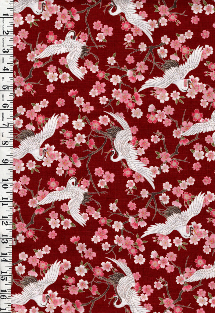 *Japanese - Hishiei Small Flying Cranes & Cherry Blossoms - Dobby Weave - H-7121-7B - Red - By the Half Yard