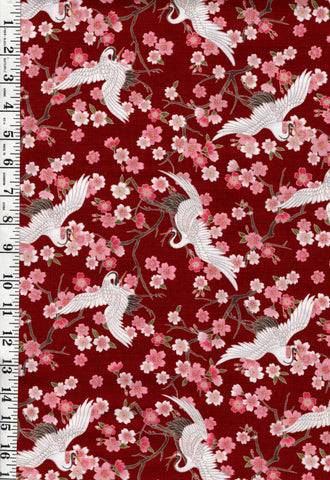 *Japanese - Hishiei Small Flying Cranes & Cherry Blossoms - Dobby Weave - H-7121-7B - Red - By the Half Yard