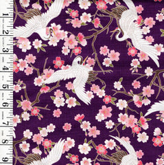 *Japanese - Hishiei Small Flying Cranes & Cherry Blossoms - Dobby Weave - H-7121-7C - Purple - By the Half Yard