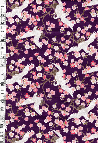 *Japanese - Hishiei Small Flying Cranes & Cherry Blossoms - Dobby Weave - H-7121-7C - Purple - By the Half Yard