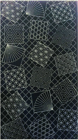 Sashiko Pre-printed Panel - HM-01 - Fans & Tumbling Blocks with Traditional Sashiko Motifs - BLACK