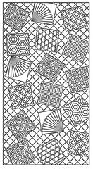 Sashiko Pre-printed Panel - HM-01 - Fans & Tumbling Blocks with Traditional Sashiko Motifs - BLACK