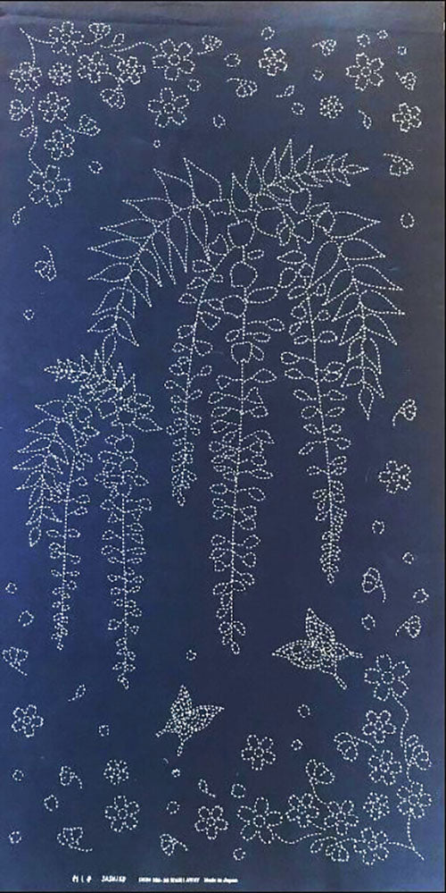 Sashiko Pre-printed Panel - HM-25 - Butterflies & Wisteria - Dark Navy - Indigo