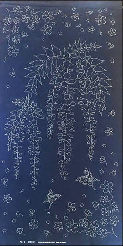 Sashiko Pre-printed Panel - HM-25 - Butterflies & Wisteria - Dark Navy - Indigo