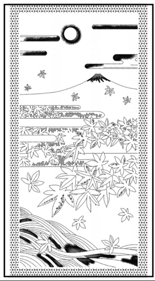 Sashiko Pre-printed Panel - HM-57 - Mt. Fuji in Autumn (with Silver Metallic Accents) - Dark Navy - Indigo