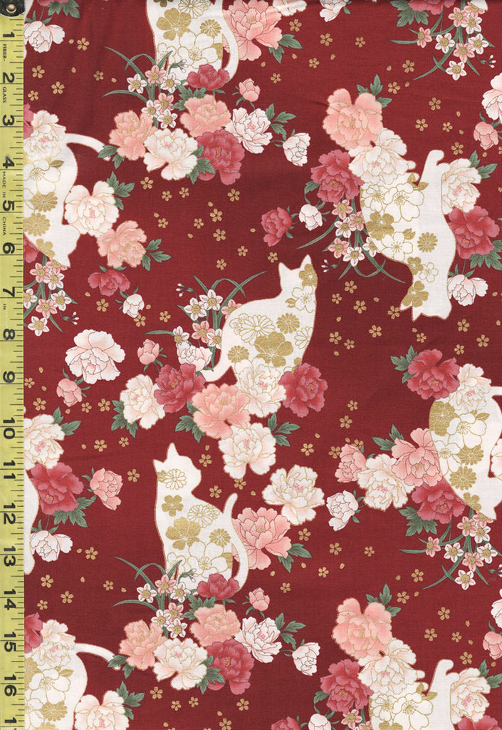 *Quilt Gate - Cats, Peonies & Small Floating Blossoms - HR3430-11D - Dark Red