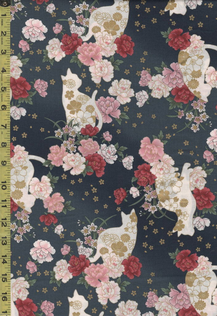 *Quilt Gate - Cats, Peonies & Small Floating Blossoms - HR3430-11E - Charcoal