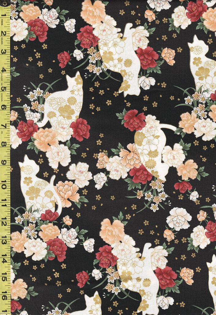 *Quilt Gate - Cats, Peonies & Small Floating Blossoms - HR3430-11F - Black - Last 2 2/3 Yards