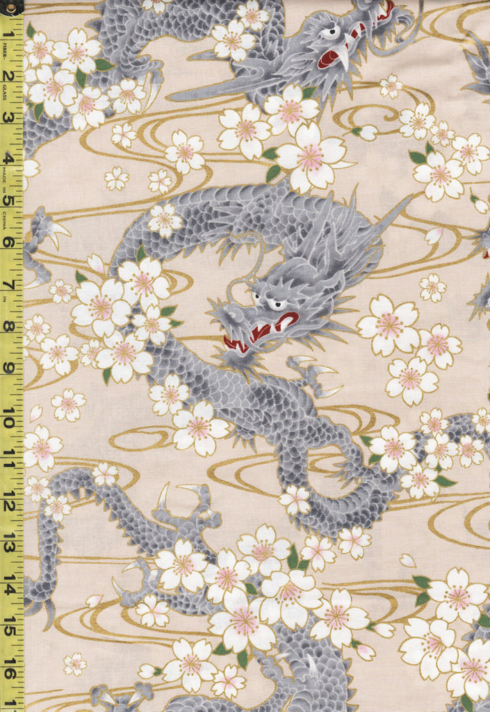 *Quilt Gate - Hyakka Ryoran - Dragons, Cherry Blossoms & River Swirls -  HR3340-11A - Light Beige