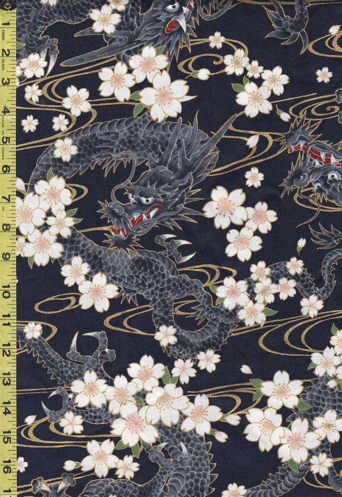 *Quilt Gate - Hyakka Ryoran - Dragons, Cherry Blossoms & River Swirls - HR3340-11D - Navy