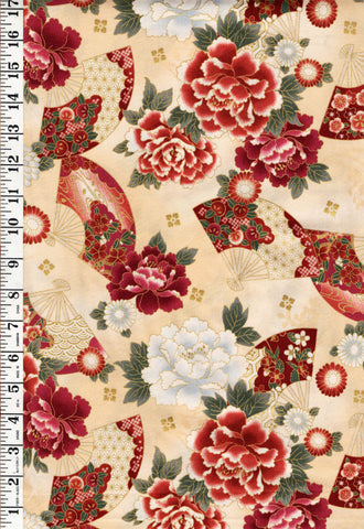 *Quilt Gate - Auspicious Collection - Floating Peonies & Floral Fans - HR3460-11A - Light Tan - By the Half Yard