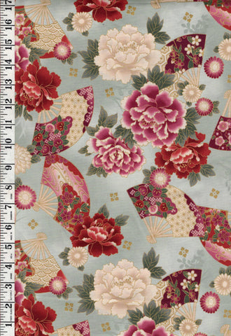 *Quilt Gate - Auspicious Collection - Floating Peonies & Floral Fans - HR3460-11B - Seafoam - By the Half Yard