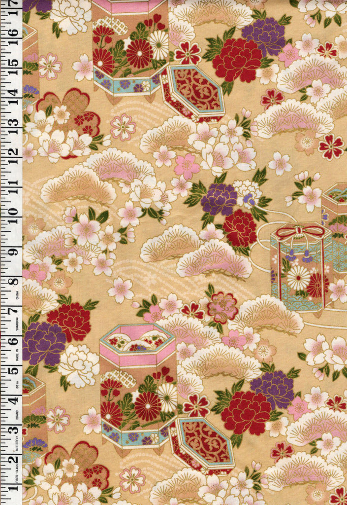 *Quilt Gate - Auspicious Collection - Floral Gift Boxes, Peonies, Pines & Cherry Blossoms - HR3460-12A - Light Tan - By the Half Yard