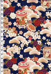 *Quilt Gate - Auspicious Collection - Floral Gift Boxes, Peonies, Pines & Cherry Blossoms - HR3460-12E - Navy - By the Half Yard