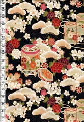 *Quilt Gate - Auspicious Collection - Floral Gift Boxes, Peonies, Pines & Cherry Blossoms - HR3460-12F - Black - By the Half Yard