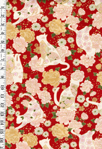 *Quilt Gate - Hana & Neko - Floral Cats, Fans & Peonies - HR3480-12C - Red - By the Half Yard (Copy)