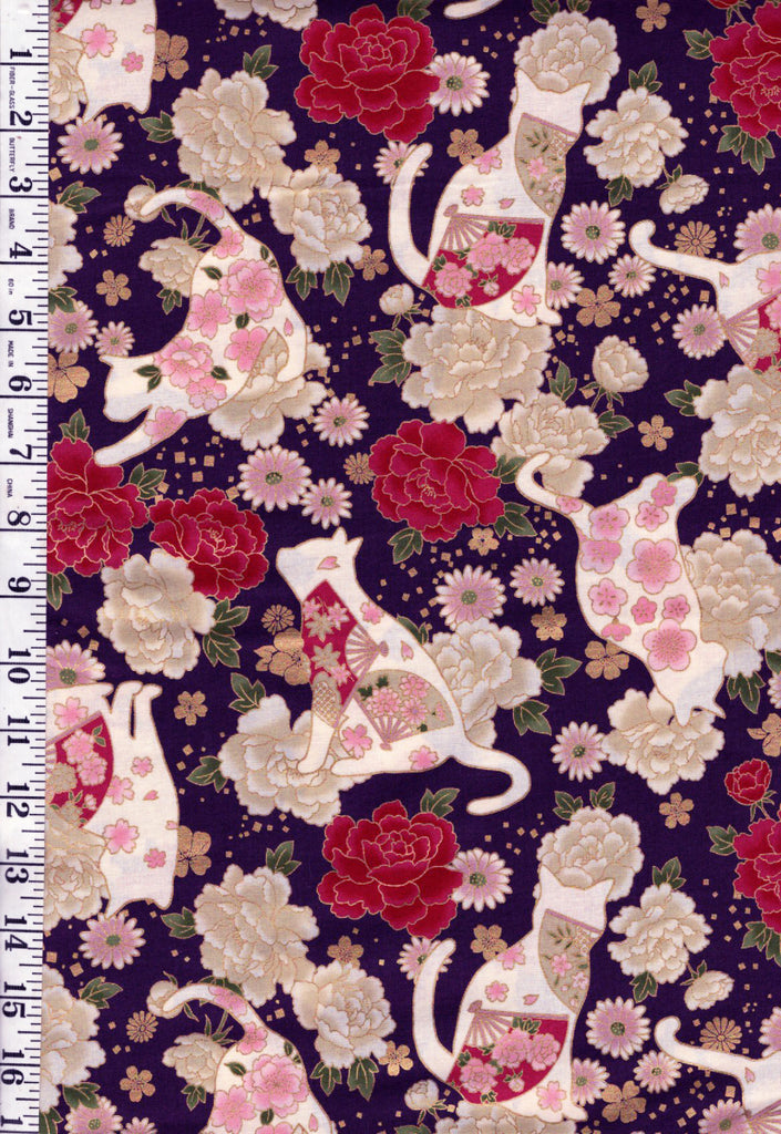 *Quilt Gate - Hana & Neko - Floral Cats, Fans & Peonies - HR3480-12D - Purple - By the Half Yard