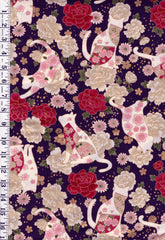*Quilt Gate - Hana & Neko - Floral Cats, Fans & Peonies - HR3480-12D - Purple - By the Half Yard