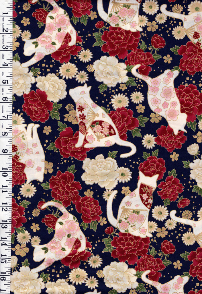*Quilt Gate - Hana & Neko - Floral Cats, Fans & Peonies - HR3480-12E - Dark Navy - By the Half Yard