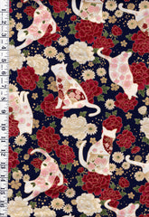 *Quilt Gate - Hana & Neko - Floral Cats, Fans & Peonies - HR3480-12E - Dark Navy - By the Half Yard