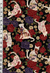 *Quilt Gate - Hana & Neko - Floral Cats, Fans & Peonies - HR3480-12F - Black - By the Half Yard