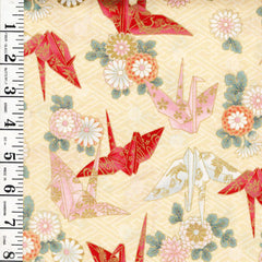 *Quilt Gate - Colorful Origami Cranes & Mums - Gold Metallic - HR3530-12A - Butter - By the Half Yard