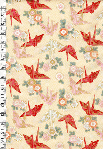 *Quilt Gate - Colorful Origami Cranes & Mums - Gold Metallic - HR3530-12A - Butter - By the Half Yard