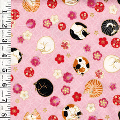 *Quilt Gate - Sleeping Cats & Floating Cherry Blossoms - Gold Metallic - HR3550-12B - Pink - By the Half Yard