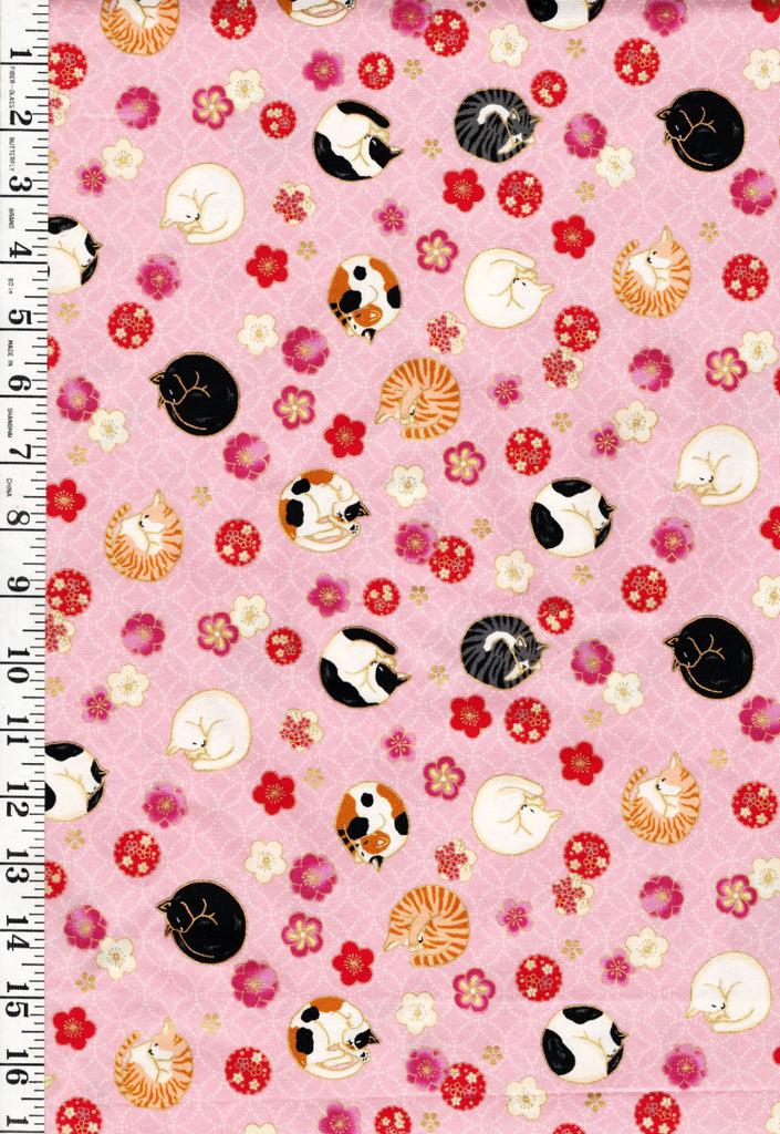 *Quilt Gate - Sleeping Cats & Floating Cherry Blossoms - Gold Metallic - HR3550-12B - Pink - By the Half Yard