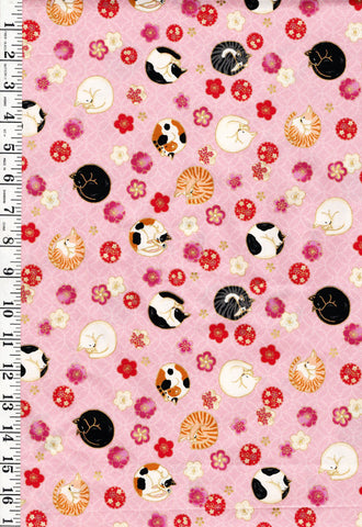 *Quilt Gate - Sleeping Cats & Floating Cherry Blossoms - Gold Metallic - HR3550-12B - Pink - By the Half Yard